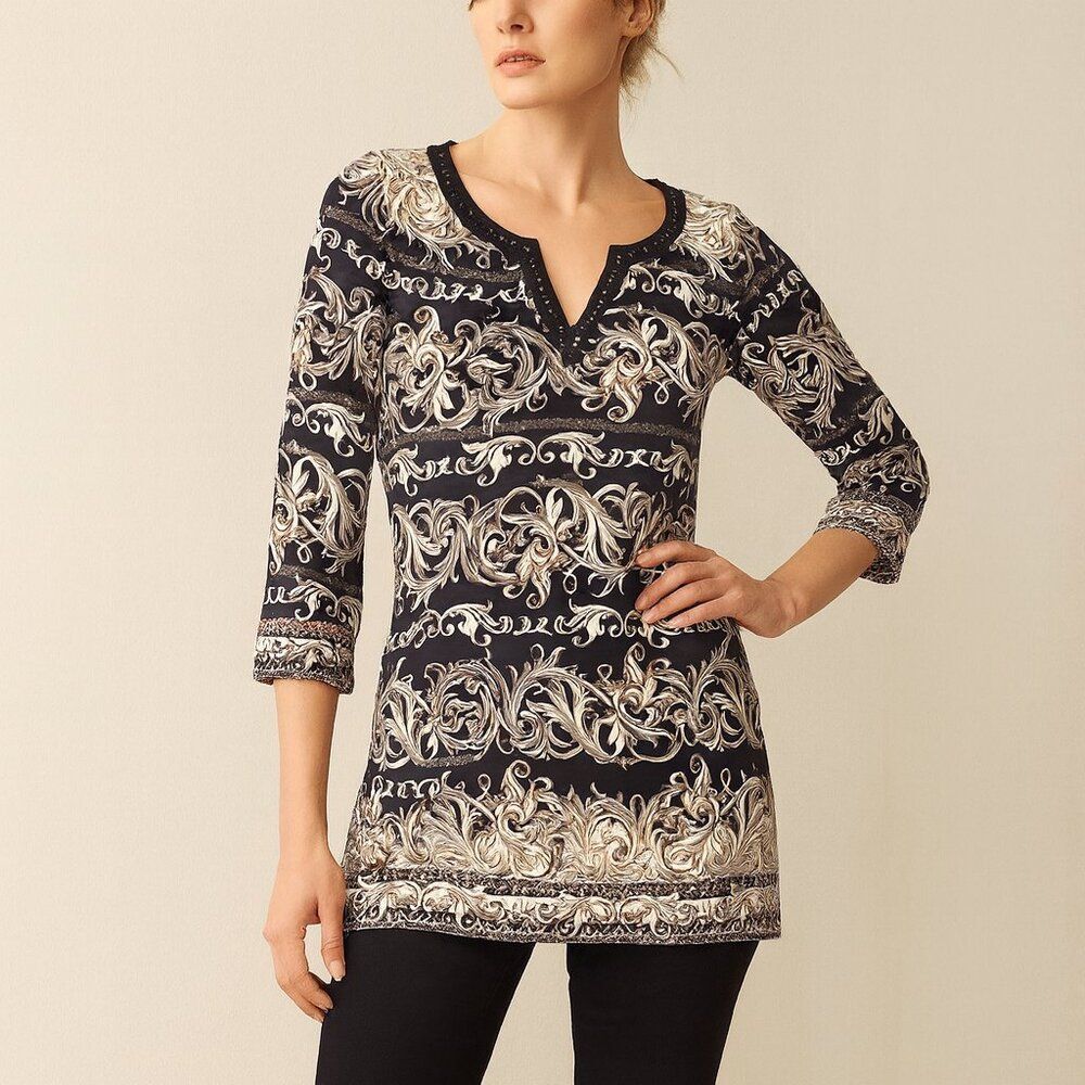 White House Black Market Womens Baroque Tunic Top Small Studded Scroll Print